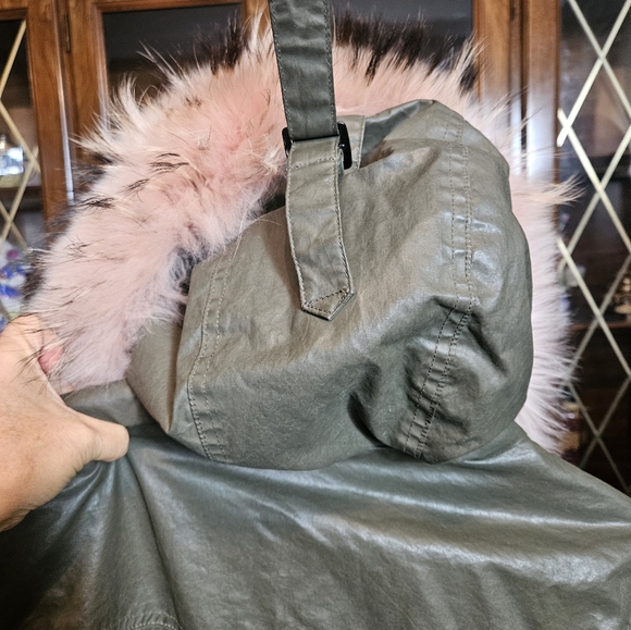SAM. New York Women's Coat Size S PINK RACCOON FUR HOODIE Army Green Jacket - Picture 6 of 15